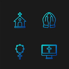 Wall Mural - Set line Christian cross on monitor, Rosary beads religion, Church building and Hands praying position. Gradient color icons. Vector