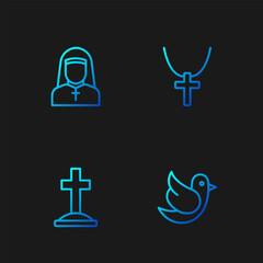 Sticker - Set line Dove, Grave with cross, Nun and Christian on chain. Gradient color icons. Vector