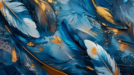 Wall Mural - an abstract artistic background. an illustration of feathers, blues and gold brushstrokes. a texture