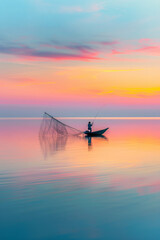 A man is fishing in a boat on a calm lake. The sky is a beautiful mix of pink and orange hues, creating a serene and peaceful atmosphere