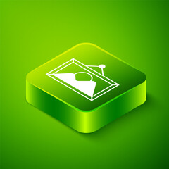 Wall Mural - Isometric Picture landscape icon isolated on green background. Green square button. Vector