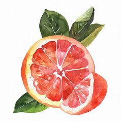 Sticker - Vibrant watercolor illustration of a fresh grapefruit with green leaves, ideal for culinary themes and healthy eating designs with ample space for text additions