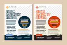 Custom Assessment Services Flyer Design. Brochure Template In Vertical Layout, Collection Of Poster In A4 With Blue, Red, Orange Mix Color Vector Illustration. Brush Space Photo Element.