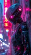 Close-up of a robot head with glowing red eye, raindrops on metal, neon city lights in the background