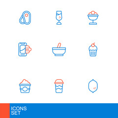 Poster - Set line Lemon, Coffee cup to go, Popcorn in cardboard box, Muffin, Food ordering mobile, Mortar and pestle, Ice cream the bowl and Wine glass icon. Vector