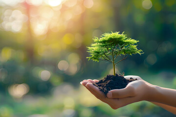 Wall Mural - Hand holding small tree for planting. Concept environment green world Earth Day. Suitable for environmental conservation, reforestation, and gardening themes.