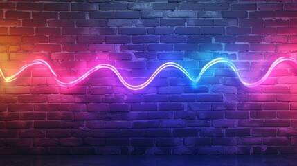 A dynamic wavy neon light in rainbow colors elegantly curves over a brick wall