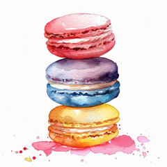 Wall Mural - Watercolor illustration of a stack of colorful macarons with paint splashes; an ideal vibrant background for culinary or dessert related content, with copy space
