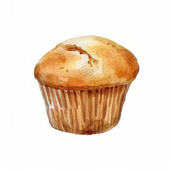 Wall Mural - Watercolor illustration of a single golden-brown muffin on a clean white background with ample space for text, suitable for bakery or breakfast concepts