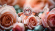 beautiful ring with a stone on a background of roses. Selective focus.