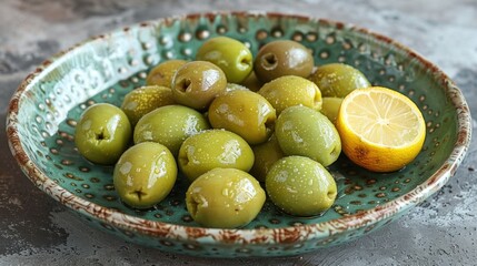 Wall Mural -  olives stuffed with lemon on a plate top view