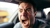 Fototapeta  - Agitated man shouting in frustration while driving his car in heavy traffic on white background