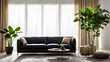 Modern designed leather sofa with green plants placed next to it, bedroom design

