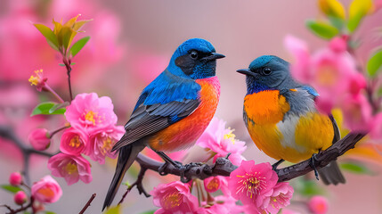 Wall Mural - colorful bird. songbird in cherry blossoms