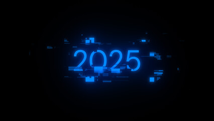 3D rendering 2025 text with screen effects of technological glitches