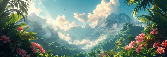 a tropical jungle scene with clouds and mountains in the background