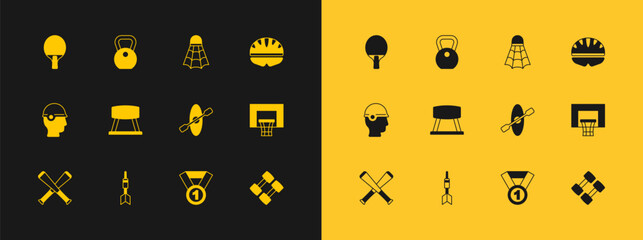 Canvas Print - Set Bicycle helmet, Dart arrow, Kayak and paddle, Medal, Pommel horse, Badminton shuttlecock, Racket and Weight icon. Vector