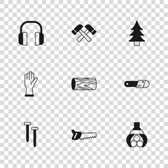 Canvas Print - Set Hand saw, Chainsaw, Grapple crane grabbed log, Wooden, Tree, Headphones, Crossed hammer and Protective gloves icon. Vector