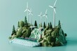A 3D isometric ecosystem model including wind turbines, a hydro dam, and solar panels. Environment and sustainability, clean and renewable energy, eco-friendly.