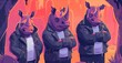 Rhinos in leather jackets stand guard outside a secret underground meeting. cartoon minimal cute flat design