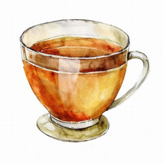 Canvas Print - Watercolor illustration of a transparent tea cup filled with amber-colored tea, isolated on a white background with space for text