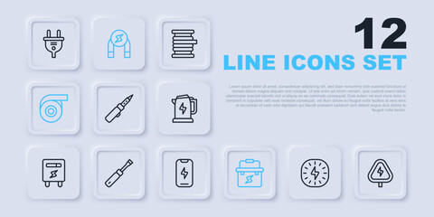 Poster - Set line Lightning bolt, High voltage, Soldering iron, Toolbox electrician, Roll adhesive tape, Screwdriver, Magnet and Mobile phone icon. Vector