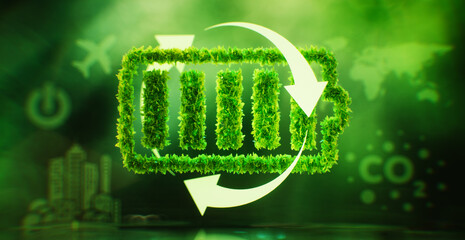 Wall Mural - the concept of sustainable energy storage in the form of a battery symbol covered with leaves on a l