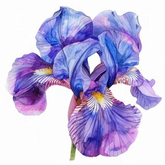 Poster - Hand-painted watercolor illustration of a blooming iris flower, with vibrant shades of blue and purple, ideal for spring-themed designs and backgrounds with space for text