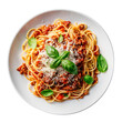 © PNG and Green Video - top view of a plate of spaghetti Bolognese, highlighting the rich meat sauce and garnished with Parmesan cheese and fresh basil.