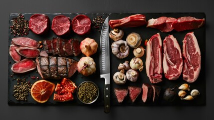 Assortment of various types of meat arranged on black surface with knife in middle