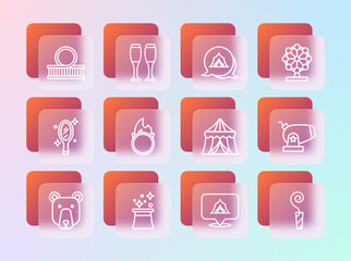 Sticker - Set line Ferris wheel, Magician hat, Circus tent, fire hoop, Roller coaster and Bowling pin icon. Vector