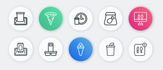 Sticker - Set line Ice cream in waffle, Online ordering food, Food on mobile, Paper glass with water, meal, Round the clock delivery, and Coffee cup to go icon. Vector