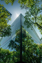 Wall Mural - Sustainable green building. Eco-friendly building. Sustainable glass office building with tree for reducing carbon dioxide. Office with green environment. Corporate building reduce CO2.