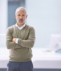 Aufkleber - CEO, portrait and serious businessman with arms crossed in office, startup company or creative agency. Designer, entrepreneur and face of mature man for professional, management or development