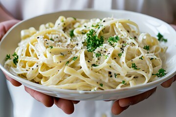 Wall Mural - Handheld Plate of Creamy Fettuccine Alfredo, Peppered Garnish