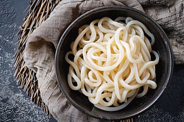 Wall Mural - Artisanal Udon Noodles, Overhead View on Wooden Background