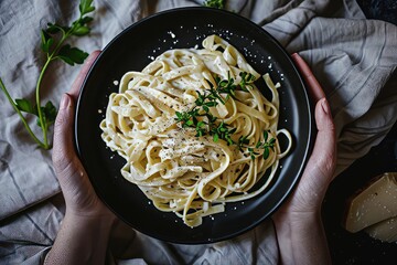 Poster - Hands Presenting Fettuccine Alfredo on Black Plate, Classic Elegance