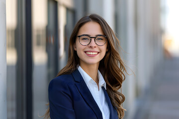 Young happy pretty smiling professional business woman standing outdoor on street arms crossed