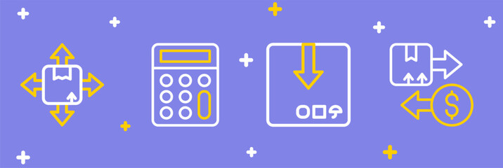 Poster - Set line Tax cardboard box, Carton, Calculator and icon. Vector