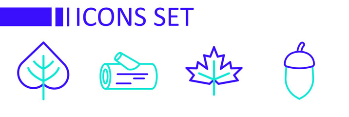 Sticker - Set line Acorn, Canadian maple leaf, Wooden log and Leaf icon. Vector