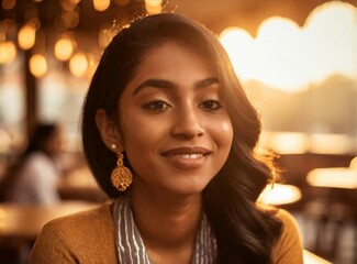 Sticker - Indian young beauty model smiling, sitting in cafe, face closeup portrait.