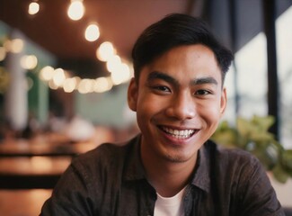 Poster - Asian male model sitting in restaurant smiling to camera, face closeup