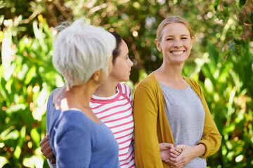 Canvas Print - Mother, grandmother and portrait with child in park on holiday or vacation in retirement with support. Happy, senior woman or relax with mom and kid in woods or forest with care for family in summer