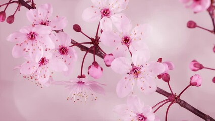 Wall Mural - pink flowering cherry tree branch in spring isolated on abstract background, macro shot of beautiful petals, stationary view in slow motion wind