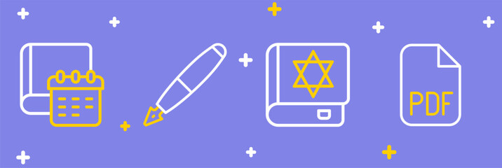 Sticker - Set line PDF file document, Jewish torah book, Fountain pen nib and Daily paper notepad icon. Vector