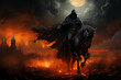 The horseman of the apocalypse in a black hooded cloak riding a horse against the background of a burning town