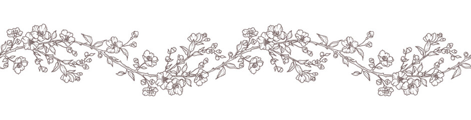 Wall Mural - Floral border with blooming branches, leaves and flowers. Spring seamless horizontal background with beautiful hand drawn garland in line art style. Vector vintage illustration