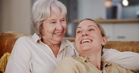 Poster - Family, love or hug with senior mother and daughter on sofa in living room of home for bonding visit. Mothers day, smile or happy with parent and woman in retirement apartment together to relax