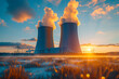 Industrial silhouette against dusk sky, nuclear plant pollution