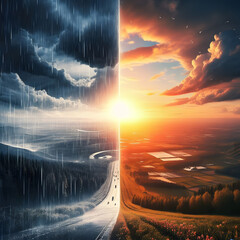 Sunny and rainy weather - Illustration divided into two parts : rainy weather on one side and sunny weather on the other.